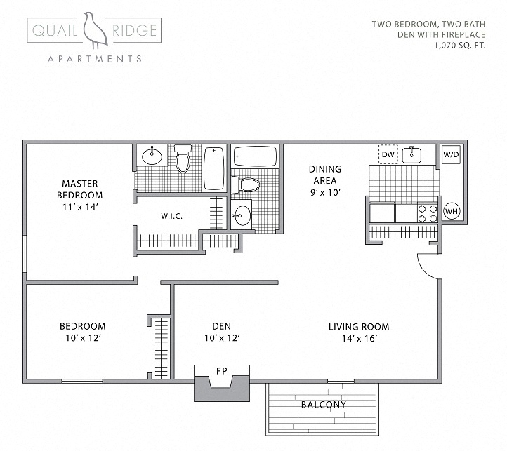 Floor plan for 2 beds, 2 baths, 1070 sqft